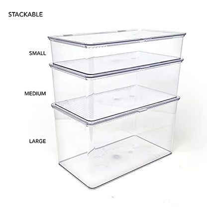 Isaac Jacobs Medium Stackable Organizer Bin (10.75”x6.5”x3.7”) w/ Hinged Lid, Clear Storage Box, Home, Office, School, Fridge, Bathroom, Kitchen, Pantry Container, BPA-Free, Food Safe (Medium, Clear) - size: Medium