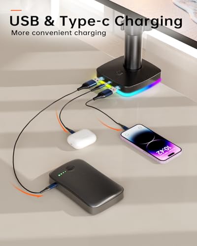 Afaloona RGB Dual Monitor Stand with USB Hub, Dual Monitor Mount for 13-27 Inch Screens, Adjustable Arm Desk Mount with 1 USB-C & 2 USB Ports, Height Swivel Tilt Rotation, VESA 75x75/100x100 - size: RGB Dual Monitor Arm