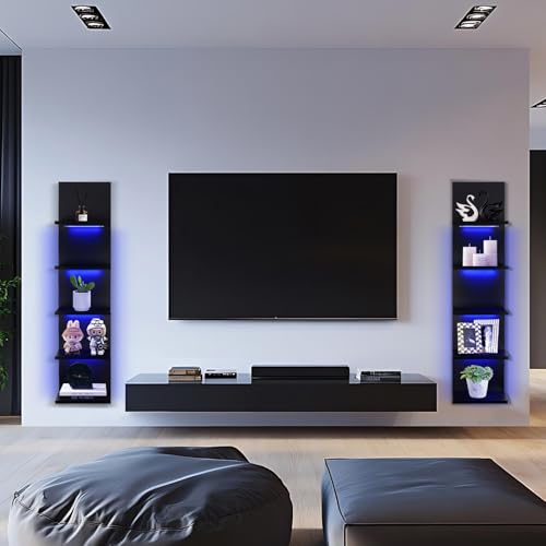 5 Tier Wall Shelf Unit, RGB Lack Shelf, Vanity Shelves with Light,Black Shelves for Room,Office,Bathroom,Remote Control - color: 5 Tier Rgb Black