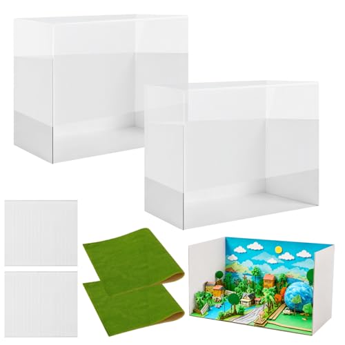 Cardboard Diorama Kit,13.8 x 8.7 x 8.3 Inches Diorama Box for Display with Transparent Case, Double-Sided Tape & Fake Grass, Ideal for DIY Crafts Construction Project - color: White-2