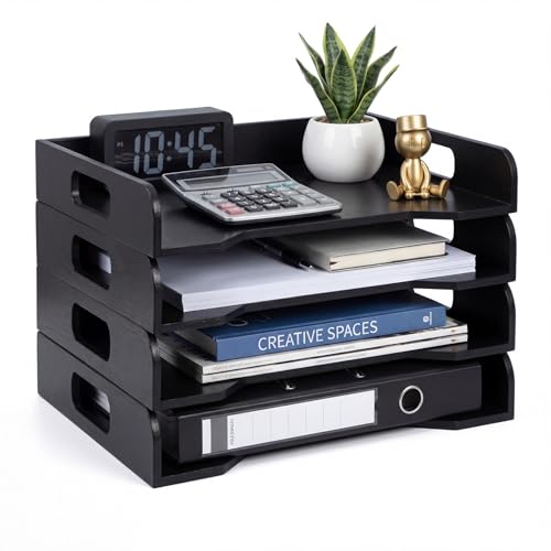 Yinkin Wooden Stackable Paper Trays 4-tier Wooden Paper Organizer for Desk Letter Documents Woodens Desktop File Organizers for Desktop File Holder and Office Supplies Rack for Home Office Use (Black) - color: Black