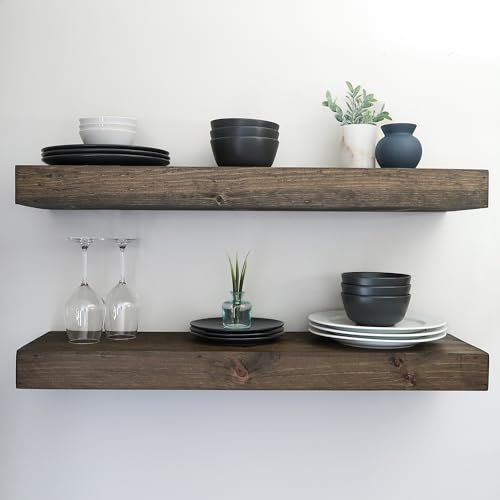 Urbandi Modern Floating Shelves 3 Inches Thick for Wall, Wide Shelves for Kitchen, Living Room, Bedroom, and Bathroom, Natural Pine Wood, Rustic Wooden Shelf, (Set of 2) (Jacobean, 24Lx3Hx6D) - color: Jacobean, size: 24Lx3Hx6D