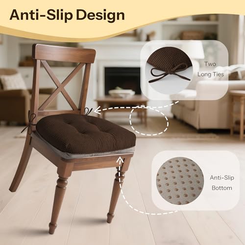 Indoor Kitchen Chair Cushions Set of 4 18"X16.5"X3" Soft Anti Slip Dining Chair Pads Tufted Kitchen Seat Cushion with Ties, Brown - color: Brown