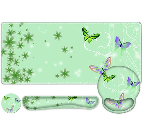 Mint Green Butterflies Florals Mouse Pad, XXL Large Desk Mat Extended Reading Desk pad, 4PCS Non-Slip Rubber Base Computer Big Mousepads for Work, Game, Office, Home Decor Cute Girls Woemn Gifts - color: Mint Green Butterflies