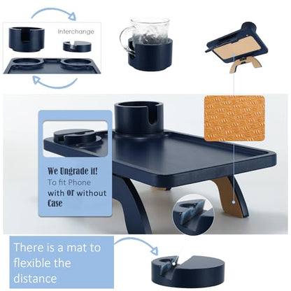 Nnewvante Couch Arm Tray,3 in 1 Large 15.36"x9.85" Bamboo Couch Table Armrest Sofa Arm Clip on Tray Table with 360°Rotated Phone/Cup Holder,Navy Blue - color: Navyblue