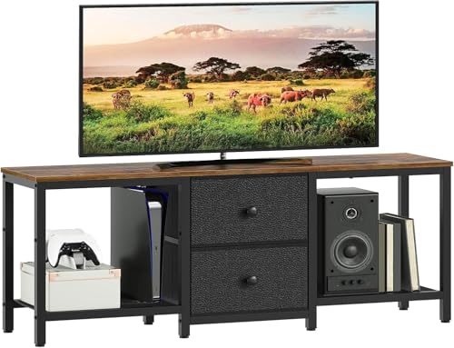 YATINEY TV Stand for TVs up to 55", Entertainment Center with 2 Fabric Drawer, Media Console with Shelves, Television Stands for Living Room, Bedroom, Rustic Brown and Black DS02BR - color: Rustic Brown + Black