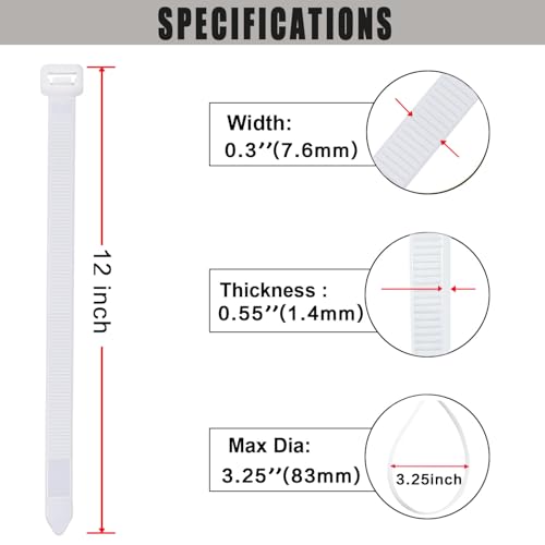 Cable Zip Ties, Heavy Duty Self Locking Zipties, 100 Pack White 12 Inch 120LB, Nylon Cord Management,Plastic Wire Ties for Office,Home,Garden,Workshop (12"-120LB) - size: 12"White-100PK120LB