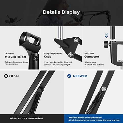 Neewer Microphone Arm Stand, Suspension Boom Scissor Mic Arm Stand with 3/8” to 5/8” Screw and Cable Ties Compatible with Blue Yeti, Snowball, Yeti X, Quadcast and Other Mics, Max Load 1.5kg - style: NW-35