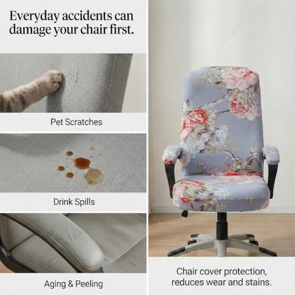 WOMACO Office Chair Covers, Stretch Computer Chair Cover with Armrest Covers, Universal Boss Chair Covers Modern Simplism Style High Back Chair Slipcover (Pink Flower, Large) - color: 2-pink Flowers