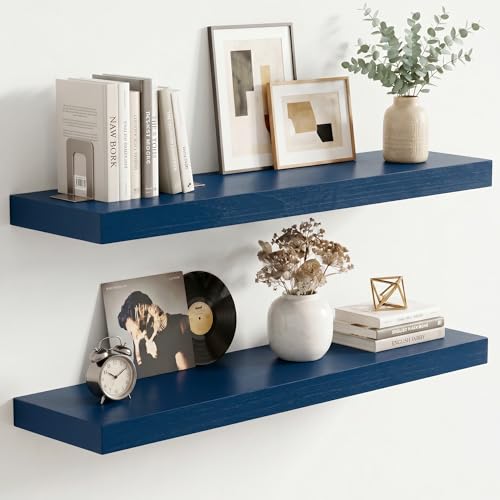 fuqing Dark Blue Floating Shelves | 24 Inch Floating Shelves for Wall Set of 2 | 24" W x 6.7" D x 1.4" H Blue Shelves for Bathroom Living Room Bedroom Kitchen - color: Dark Blue, size: 24 Inch-UP