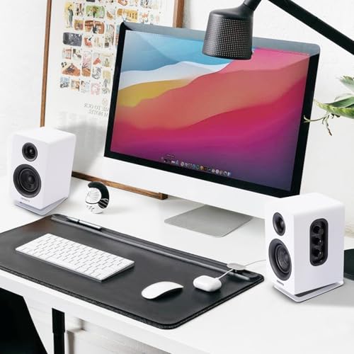 Sanyun SW601 15° Tilted Desk Speaker Stands for Compact 2''-3'' Computer PC Bookshelf Monitor Speakers, Steel Metal Base & Damping Foam Padding (Pair, White) - color: White
