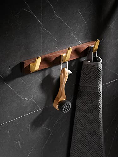 Wall Mounted Coat Rack, Entryway Hanging Coat Rack, Metal Wood Coat Rail with 3 Rustic Hooks Rail for Coat, Scarf, Bag, Towel, Key, Cap, Hat, Walnut Gold Matt - size: 3 Hooks - Curve Shape
