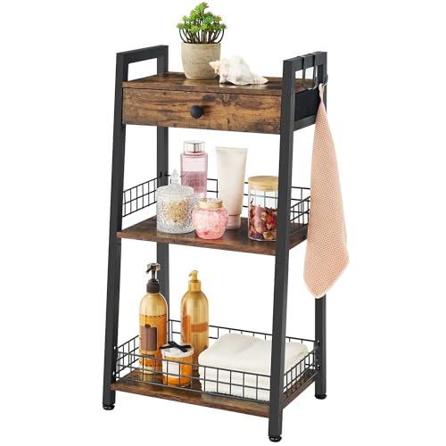 Gewudraw 3-Tier Ladder Shelf with Drawer, Bathroom Table Stand for Small Space, Bathroom Standing Shelves with Storage for Living Room Bedroom Kitchen, Organizer Shelf, Rustic Brown - color: Rustic Brown, size: 3 Tier Standard