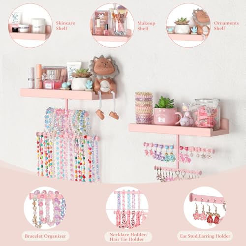 Keebofly Jewelry Organizer Wall Mounted Hanging with Wooden Shelf for Kids, Girls, Teens, Jewelry Holder Storage Display for Earring, Necklace, Bracelet, Bow, Pink, (Patented) - color: Pink