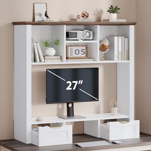 Desk Shelf with Computer Monitor Stand, 37.4''W Desktop Bookshelf Display Rack, Desktop Organizer Storage Rack with Cubbies & Drawers, 5-Tier Hutch for Home, Office, Dorm, Vanity, White&Brown - color: White&brown, size: 37.4"W with Monitor Stand