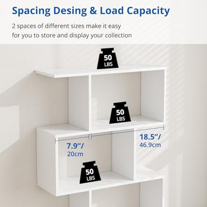 Cozy Castle Set of 2 Geometric Bookcase, S-Shaped Modern Bookshelf, Room Divider Bookshelf, 62" Tall Unique Abstract Bookcase with 5-Tier Display Shelf for Living Room Office, White - color: White