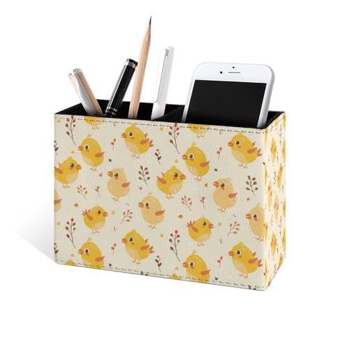 Famame Cute Yellow Chicks Leaves Pencil Holder for Desk, Leather Desktop Container Pen Cup Storage Study Table Pen Organizer Makeup Brush Holder for Classroom Office Home - color: Yellow Chicks Leaves