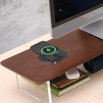 SUIBIAN Elegant Wood & Acrylic Monitor Stand with 15W Wireless Charging – 31.5" Large Desk Riser for Ergonomic View, Desktop Organizer, Laptop & PC | Modern Floating Design(Walnut Wood) - color: Walnut Wood