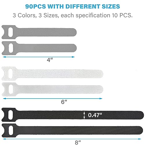 90 PCS Reusable Cable Ties with Hook and Loop, Multi-purpose Adjustable Cable Management Wire Ties Cable Straps for Organizing Home, Office and Data Centers (Black+White+Grey, 4"-6"-8") - color: Black+white+grey 4+6+8 In-90 Pcs