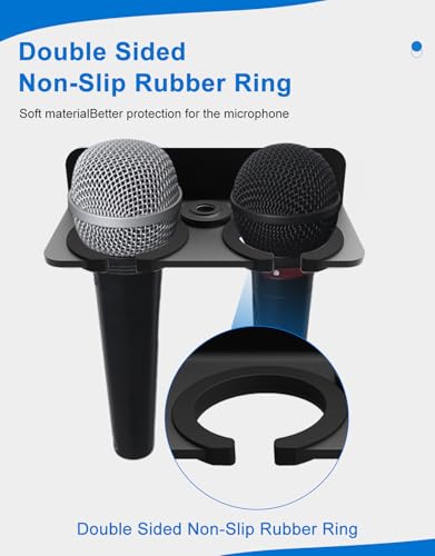 Multi Microphone Holder for Handheld Dynamic, Wired and Wireless Mics Storage Hanger, Double Microphone Stand,Rubber Padding/Wall Mounted or Mounted to 5/8"-27 or 3/8"-16 threaded Stands Attachment - size: Black Mic Holder
