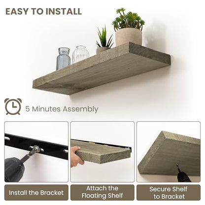 Acovy 36" Unfinished Solid Reclaimed Wood Floating Shelves, Rustic Heavy-Duty Wall Shelves, 8" Deep Floating Shelf for Living Room, Bathroom, Bedroom and Kitchen, Set of 2, Grey - color: Cement Grey, size: 36inches-2p