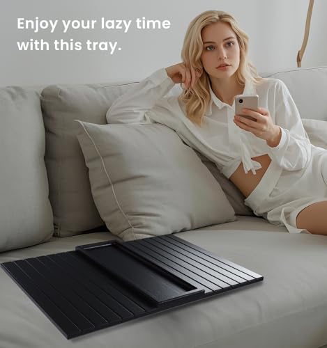 Sofa Arm Tray,Bamboo Folding Couch Arm Tray,Sofa Armrest Trays with Anti-Slip Pad for Drinks,Snacks,Phone,Remote Control（Black） - color: Black