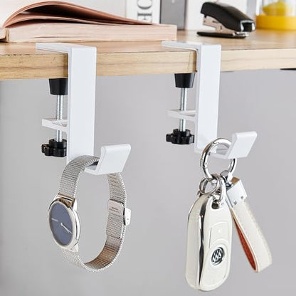 2Pcs Clamp-On Under Desk Headphone Holder Students' Desk Hook Women's Bag Hook with Adjustable Arm Clamp Backpack Handbag and Purse Holder - Suitable for Plate Between 1-5cm / 0.4-1.96” - White - color: White