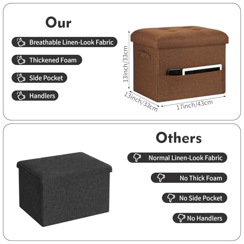Storage Ottoman Cube, Folding Foot Rest with Thicker Foam Padded Seat. 350 lbs Small Linen Ottoman with Storage Bench Footstool for Living Room, Bedroom, Coffee Table. 17x13x13in, Brown - color: Brown, size: 17"D x 13"W x 13"H