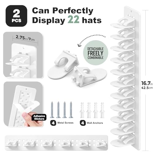 2 Pack Hat Organizer for Baseball Caps, Detachable DIY Hat Rack for Wall Hat Holder Hold up to 22 Hats, Baseball Cap Organizer Cap Holder Hat Hangers for Wall Closet Door Bedroom (C-White) - color: C-White