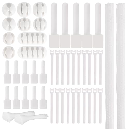 137PCS Cable Management Kit 4 Cable Sleeve Split 100 Cable Zip Ties 10 Cable Clips 15 Adhesive Wall Cable Tie 10 Cable Zip Tie for TV Computer Office Home Under Desk - color: White