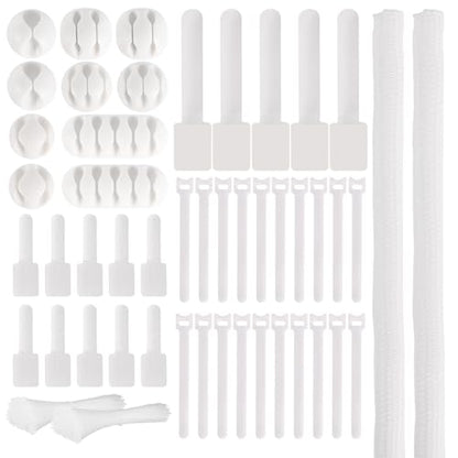 137PCS Cable Management Kit 4 Cable Sleeve Split 100 Cable Zip Ties 10 Cable Clips 15 Adhesive Wall Cable Tie 10 Cable Zip Tie for TV Computer Office Home Under Desk - color: White