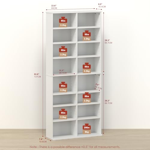 Toki 16-Shelf DVD Storage Tower, Adjustable Movie Shelf & CD Rack, Space Saving Media Storage Cabinet for Living Room, Bedroom, Home Office, Game Room, White - color: White, size: 16-Shelf