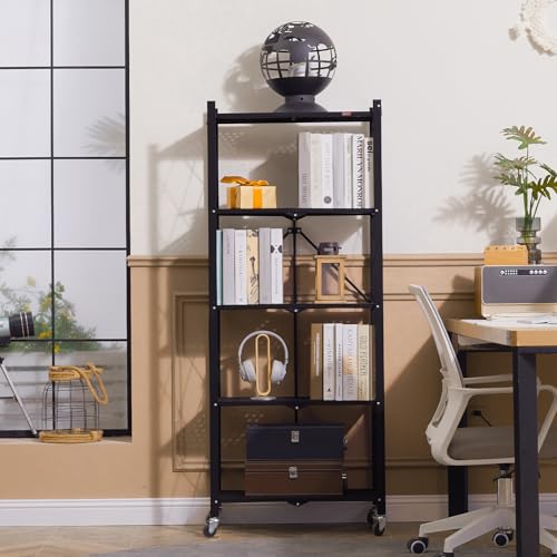 DEANIC 5-Shelf Folding Bookcase with Wheels, Heavy Duty Storage Shelves, Freestanding Metal Wire Shelving Unit for Living Room, Office, Kitchen, Basement, Pantry(Black 2 Pack) - color: Black-2 Pack, size: Compact 5 tier