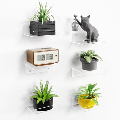 upsimples 6 Pack 6x4 Inches Acrylic Small Shelves, Floating Shelves for Wall, Display Shelf Organizer for Plants, Speaker, Radio, Toys, Clear - size: 6x4"