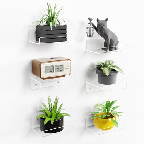 upsimples 6 Pack 6x4 Inches Acrylic Small Shelves, Floating Shelves for Wall, Display Shelf Organizer for Plants, Speaker, Radio, Toys, Clear - size: 6x4"