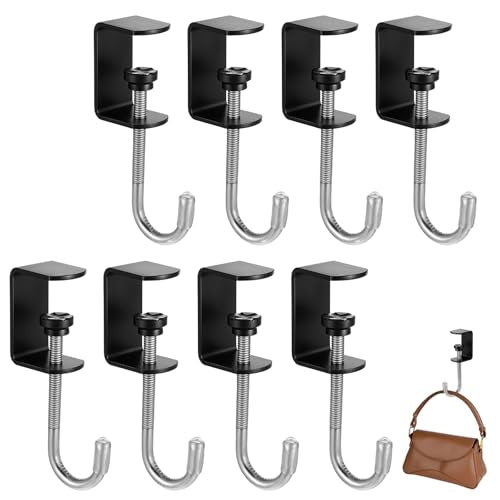 cobee Clamp-On Under Desk Hooks, Desk Mount Hanging Bag Holder Metal Hook Adjustable Headphones Clamp Organizer Portable Purse Hanger Clip Reduce Desk Clutter Table Desk Under Counter (8 Pcs, Black) - color: 8 Pcs, Black