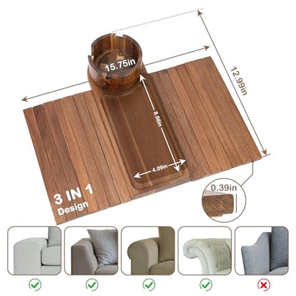 Couch Cup Holder for Armrests Over 4.9" Wide, Acacia Wood Couch Arm Tray with 360° Rotating Cup Holder, 3 in 1 Foldable Sofa Arm Tray Table for Remote, Snacks, Phone, Drinks - color: Acacia Wood