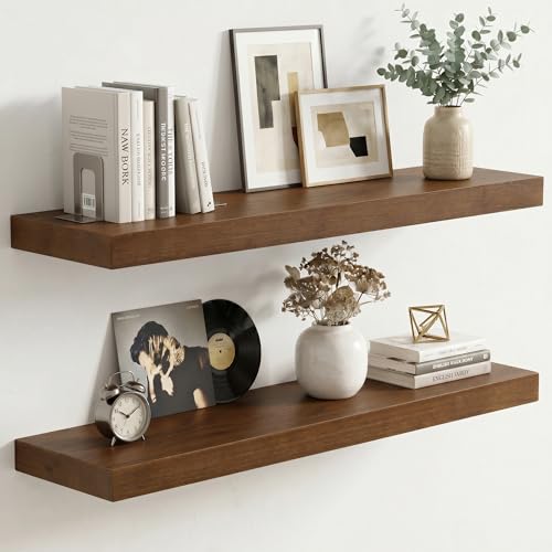 fuqing Wood Floating Shelves | 24 Inch Floating Shelves for Wall Set of 2 | 24" W x 6.7" D x 1.4" H Rustic Walnut Shelves for Bathroom Living Room Bedroom Kitchen - color: Walnut, size: 24 Inch-UP