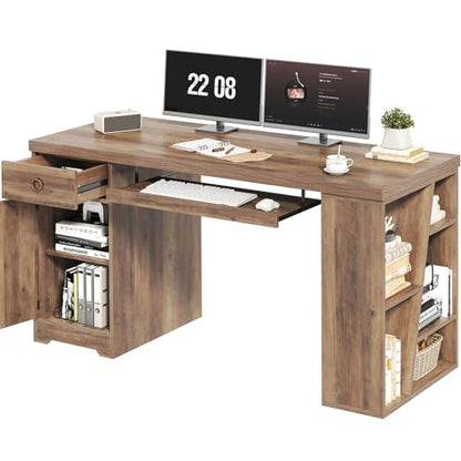 HSH 55" Executive Computer Desk,Farmhouse Home Office Desk with Storage Drawers and Keyboard Tray, Rustic Wood Work Study Writing Pc Table Studio Desks Wooden Workstation with Shelves and Cabinet - color: Rustic Oak