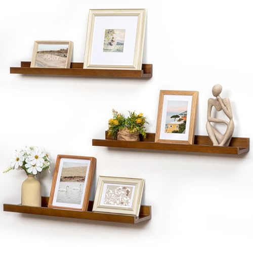 Picture Ledge Wall Shelves 24 inches Width Set of 3, Solid Pine Wood Rustic Floating Ledge Shelves for Wall for Kids' Room Bedroom Kitchen Bathroom Living Room Nursery Display Wall Decor, Walnut - color: Walnut, size: 24'', set of 3