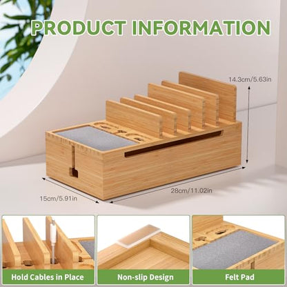 Pezin & Hulin Bamboo Charging Stand Rack, Wooden Charge Box for Mobile Phones, Tablets, Smart Watch and Earbuds, Wire Cable Organizer Box, Bedside Dock Stand Holder (NO Power Adapter Supply) -Natural - color: Natural (No Charger)