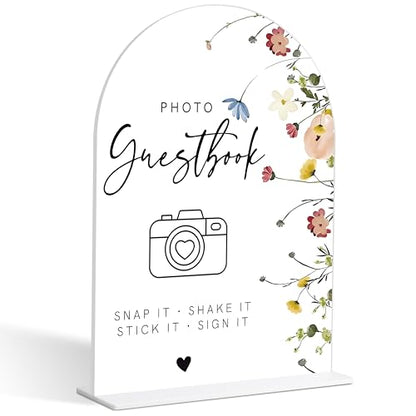Photo Guest Book Sign, Wedding Guest Book Alternative, Flower Style Bridal Shower Signs for Engagement, Bridal Shower and Reception, Wedding Shower Favors, 6X8 Inch Acrylic Arch Sign with Stand,38 - color: Photo Guest,38