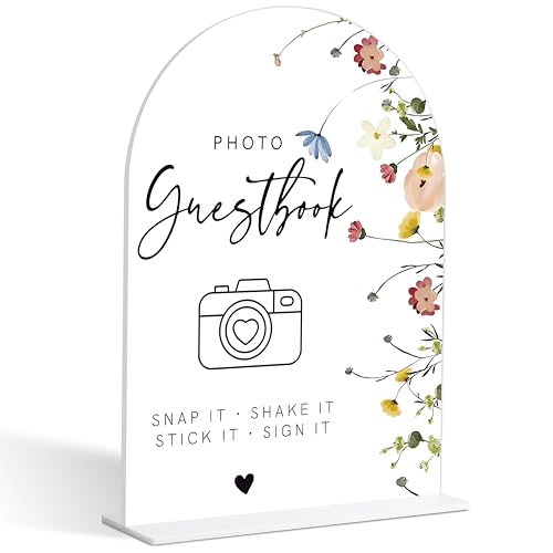 Photo Guest Book Sign, Wedding Guest Book Alternative, Flower Style Bridal Shower Signs for Engagement, Bridal Shower and Reception, Wedding Shower Favors, 6X8 Inch Acrylic Arch Sign with Stand,38 - color: Photo Guest,38