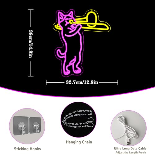 Cat Playing Trombone Neon Sign for Wall Decor Dimmable Cat Neon Lights Music LED Sign USB Powered Live Music Neon Signs for Pet Shop Music Room Bedroom Concert Dj Studio Bar - style: cat playing trombone