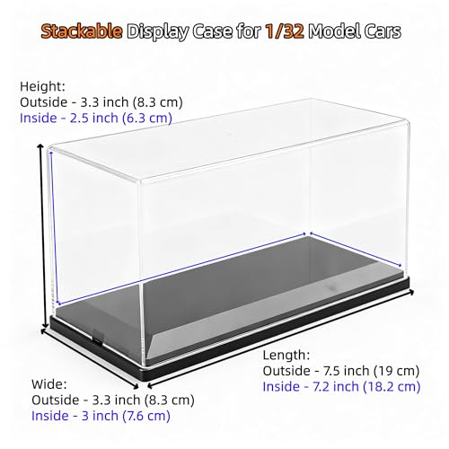 Model Car Display Case, 1:32 Scale Acrylic Display Box for Cars, Stackable Dustproof Storage Boxes for Collectibles, Figures and Memorabilia, 7.5 x 3.3 x 3.3 inch - size: 7.5 x 3.3 x 3.3 inch