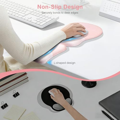Ospelelf Mouse Pad with Wrist Rest Set Foam L-Shaped Desk Elbow Pad Ergonomic Desk Edge Cushion Anti-Slip Rubber Bottom Office Women Desk Accessories for Computer, Laptop and Gaming, Pink - color: Pink