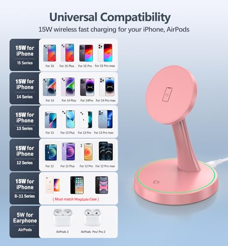 Magnetic Wireless Charger Stand 15W Fast Mag-Safe Charger for iPhone 17 /17 pro/ 17 Air/ 17 pro max 16/15/14/13/12 Series Magnet Wireless Charging Station/Pad with Sleep-Friendly Light for AirPods - color: Magneitc Purple