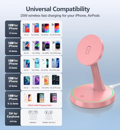 Magnetic Wireless Charger Stand 15W Fast Mag-Safe Charger for iPhone 17 /17 pro/ 17 Air/ 17 pro max 16/15/14/13/12 Series Magnet Wireless Charging Station/Pad with Sleep-Friendly Light for AirPods - color: Magneitc Purple
