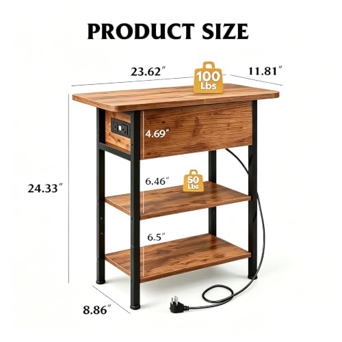 WLIVE End Table with Charging Station, Flip Top Narrow Side Table with Storage Shelf, Small Nightstand with USB Ports and Outlets,Bedside Table for Living Room, Bedroom,11.81" D x 23.62" W x 24.33" H - color: Rustic Brown