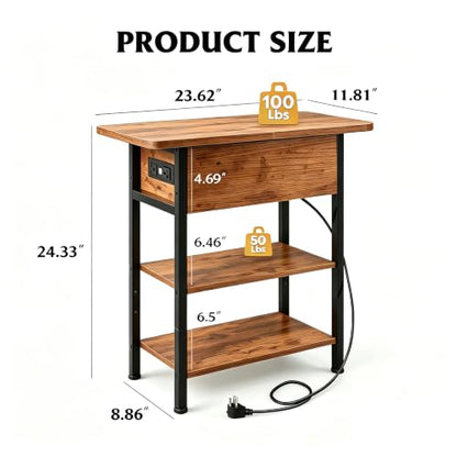 WLIVE End Table with Charging Station, Flip Top Narrow Side Table with Storage Shelf, Small Nightstand with USB Ports and Outlets,Bedside Table for Living Room, Bedroom,11.81" D x 23.62" W x 24.33" H - color: Rustic Brown